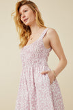 HY6107 Mauve Womens Abstract Polka Dot Print Smocked Tank Dress Detail