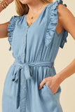 HY6111 LIGHT DENIM Womens Tencel Buttoned Ruffle Tank Wideleg Jumpsuit Detail