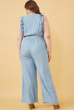 HY6111W LIGHT DENIM Plus Tencel Buttoned Ruffle Tank Wideleg Jumpsuit Back