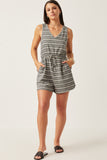 HY6112 BLACK Womens Engineered Stripe Drawstring Sleeveless Romper Full Body