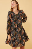 Womens Floral Print Ruffle Shoulder Long Sleeve Dress