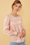 HY6372 BLUSH Womens Iridescent Ruffled Smock Cuff Top Front 2