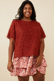 HY6390W MARSALA Plus Textured Stringy Short Sleeve Top Front