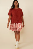 HY6390W MARSALA Plus Textured Stringy Short Sleeve Top Full Body