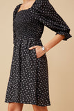 HY6509 Black Womens Ditsy Floral Smocked Square Neck Dress Detail