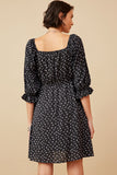 HY6509 Black Womens Ditsy Floral Smocked Square Neck Dress Back