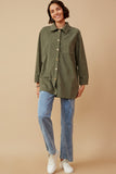 HY6552 OLIVE Womens Textured Velvet Yarn Button Up Shacket Full Body