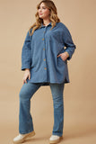 HY6552W BLUE Plus Textured Velvet Yarn Button Up Shacket Full Body