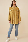 HY6553 Mustard Womens Contrast Paneled Corduroy Button Up Shacket Full Body