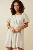 Womens Puff Sleeve Box Pleat Detail Square Neck Dress