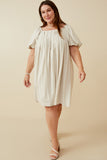 HY6766W Beige Plus Puff Sleeve Box Pleat Detail Square Neck Dress Full Body