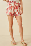 HY6769 Red Womens Textured Floral Print Ruffle Detailed Shorts Pose