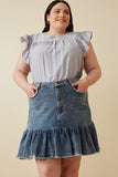 HY6791W Denim Plus Distressed High Waist Drop Hem Denim Skirt Front 2