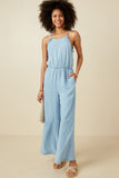 Womens Ruffled Halter Wideleg Denim Tencel Jumpsuit