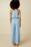 HY6952 Light Denim Womens Ruffled Halter Wideleg Denim Tencel Jumpsuit Back