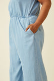 HY6952W Light Denim Plus Ruffled Halter Wideleg Denim Tencel Jumpsuit Detail