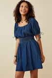 HY6955 Dark Denim Womens Smocked Waist Tie Sleeve Denim Tencel Dress Front