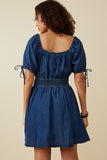 HY6955 Dark Denim Womens Smocked Waist Tie Sleeve Denim Tencel Dress Back