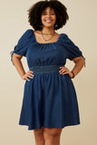 HY6955W Dark Denim Plus Smocked Waist Tie Sleeve Denim Tencel Dress Front