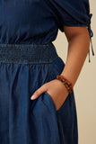 HY6955W Dark Denim Plus Smocked Waist Tie Sleeve Denim Tencel Dress Detail