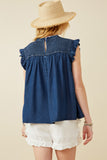 HY6958 Dark Denim Womens Ruffle Detailed Smocked Denim Tencel Tank Back