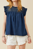 HY6958 Dark Denim Womens Ruffle Detailed Smocked Denim Tencel Tank Detail