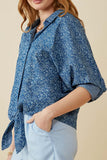 HY6986 Denim Womens Floral Denim Tie Front Roll Up Shirt Side