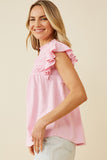 HY6998 Pink Womens Textured Smocked Ruffle Detail Tank Side