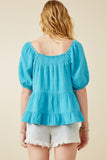 HY7118 Blue Womens Washed Smock Detail Puff Sleeve Gauze Top Back