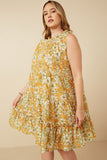 Plus Floral Print Ruffled Neck Tiered Tank Dress Pose