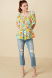 HY7159 Blue Mix Womens Resort Floral Smocked Peplum Top Full Body