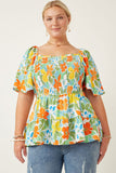 HY7159W Blue Mix Plus Resort Floral Smocked Peplum Top Front