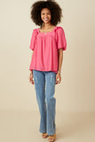 HY7193 Pink Womens Square Neck Ruffle Shoulder Textured Top Full Body