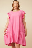 HY7194W Pink Plus Side Panel Detailed Ruffle Sleeve Dress Front