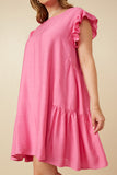 HY7194W Pink Plus Side Panel Detailed Ruffle Sleeve Dress Side