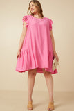 HY7194W Pink Plus Side Panel Detailed Ruffle Sleeve Dress Full Body