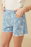 HY7280 Blue Womens Floral Printed Distressed Denim Shorts Side