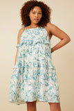 HY7282W Teal Plus Crushed Satin Textured Ruffled Botanical Print Dress Pose