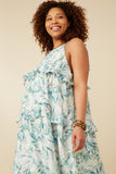 HY7282W Teal Plus Crushed Satin Textured Ruffled Botanical Print Dress Side