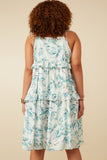 HY7282W Teal Plus Crushed Satin Textured Ruffled Botanical Print Dress Back