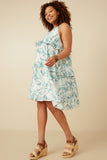 HY7282W Teal Plus Crushed Satin Textured Ruffled Botanical Print Dress Side 2