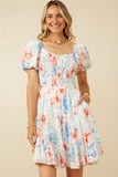 Womens Textured Romantic Floral Smocked Puff Sleeve Dress