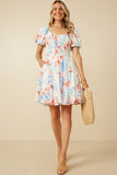 HY7284 Off White Womens Textured Romantic Floral Smocked Puff Sleeve Dress Full Body