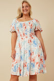 HY7284W Textured Romantic Floral Smocked Puff Sleeve Dress Front