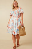 HY7284W Textured Romantic Floral Smocked Puff Sleeve Dress Full Body