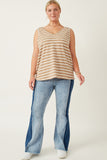 HY7294W Taupe Plus Cable Textured Striped Knit V Neck Tank Full Body