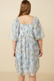 HY7346W Sage Plus Floral Organza Puff Sleeve Dress Back