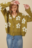 HY7434 Olive Womens Distressed Floral Patterned Cardigan Front