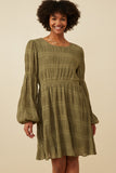 Womens Mixed Pleated Peasant Sleeve Dress