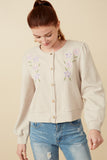 HY7517 Taupe Womens Floral Embroidered Textured Knit Cardigan Front